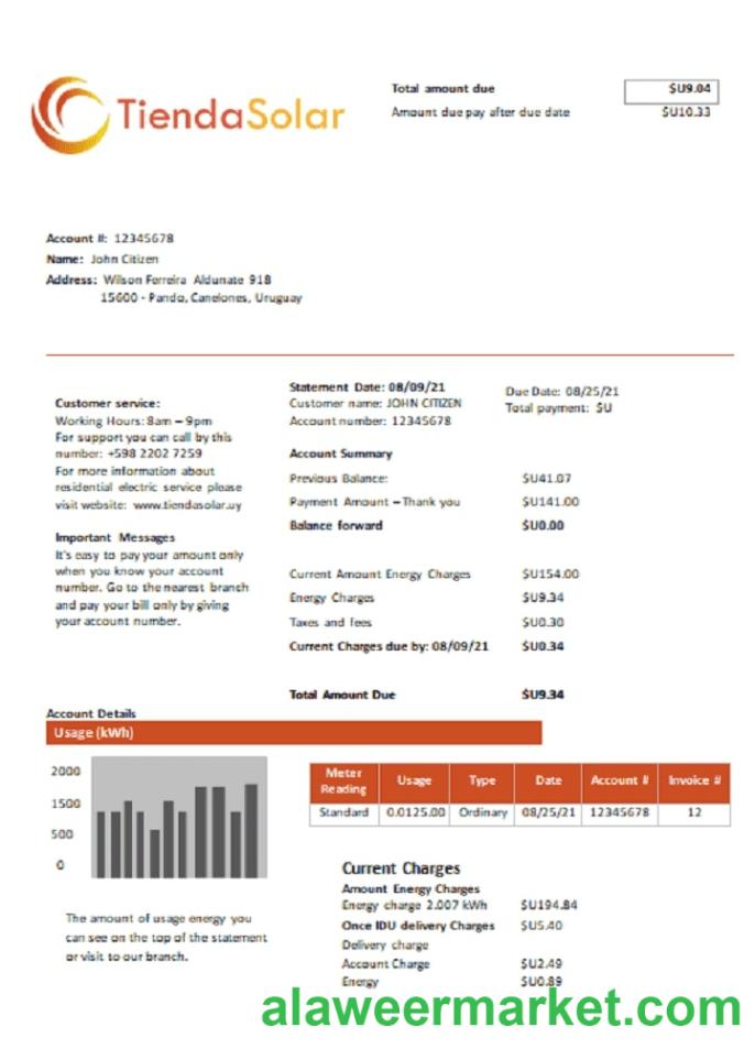 Uruguay TiendaSolar utility bill template in Word and PDF format